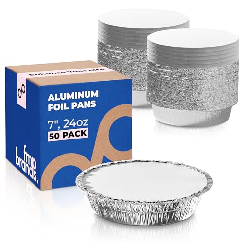 Fit Meal Prep 50 Pack 7” Round Aluminum Foil Pans with Lids, Pie Tins Disposable 7 inch with Lids, Take Out Containers, Freezer Oven Safe Aluminum Baking Pans for Storing, Cooking, Storage, Reheating