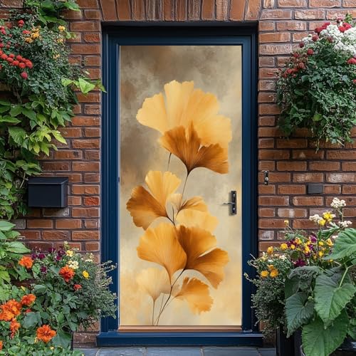 Stickers porte 3D ginkgo orange auto-adhesif de decoration