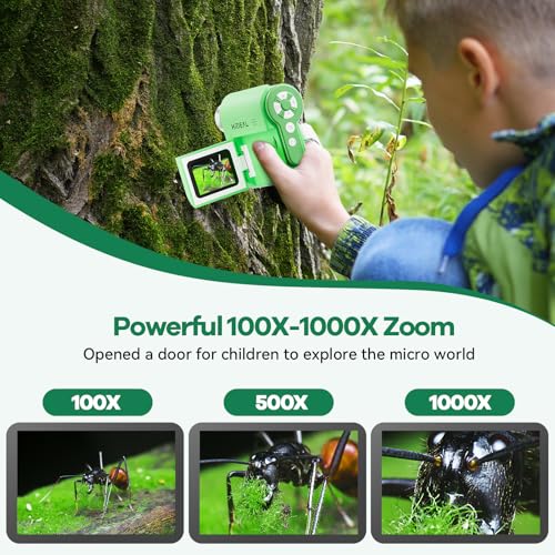 Image of Hideal HP20 IPS Microscope for Kids: [3-in-1] [Easy and Fun] 2 inch Portable Handheld Microscope Miniscope, Pocket Mini Scope Educational Science Kit, Christmas Birthday Gifts for Kids, 32GB, Green