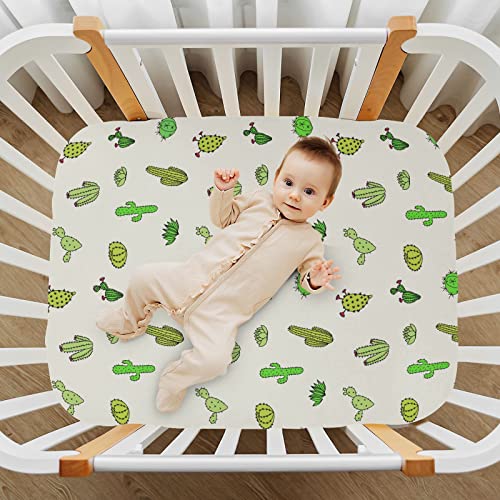 Image of Fitted Crib Sheets Cactus Beige Stretchy Portable Playard Sheets for Baby Toddler, Breathable Soft Mini Crib Mattress 52 x 28 in for Boys and Girls