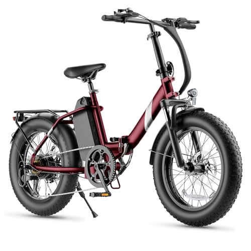 Touroll Bicicleta Eléctrica, S3 Roja Bicicleta electrica Plegable, 20'×3.0' Fat Bike Autonomía 65 km, e-Bike con Motor 250W 50 NM, Horquilla Amortiguada, Portaequipajes, Bici Eléctrica Hombre y Mujer