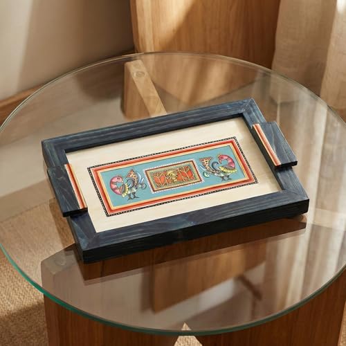 Image of Aakriti Art Creations Elegance in Fusion Tray, Serving Platter Beige | Madhubani Art with Matte Finish, Handcrafted Metal & Wood Tray with Handles | Tray for Kitchen Decor & House Warming Gifts