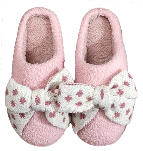 Women's Fuzzy Knit Cotton Slippers Polka Dots Bowknot Decoration Winter Cozy Indoor Home Slippers Comfortable Bedroom Footwear