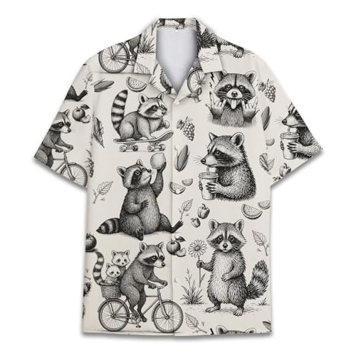 Vintage Raccoon Hawaiian Shirt for Men Women, Retro Black and White Raccoon Shirt Button Up Short Sleeve