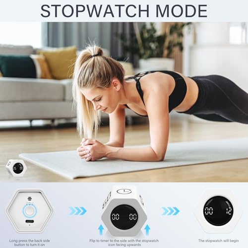 Image of Rotating Pomodoro Timer 5, 25, 10 30,60 Mins Preset Stopwatch, Desk Flip ProductivityTimer, ADHD Tool Hexagon, Vibration /Mute /Alarm, for Work, Study, Back to School, Kitchen, White