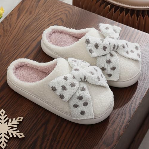 Plush Bow Slippers for Women Memory Foam Cute Plush Fluffy Warm Fur slippers Indoor Outdoor Non-Slip House Shoes2