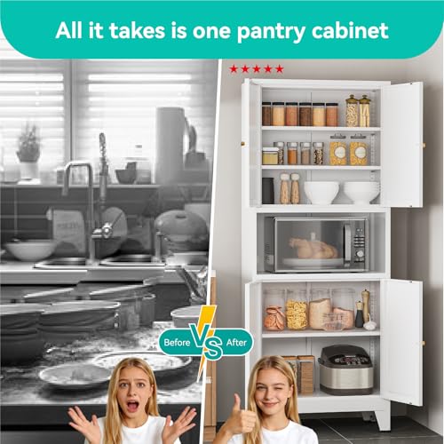 Image of 69 inch H Metal Pantry Cabinet with Open Shelf,13.78 inchDeep By 28 inch Wide Storage Cabinet with Doors and Adjustable Shelves,Microwave Stand,for Kitchen Dining Room Bathroom,White 1Pc