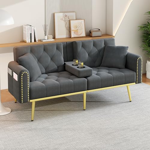A ALFRESCOOL Sofá de 2 plazas, sofá con función de dormir, sofá cama, con función reclinable, respaldo ajustable, soporte para bebidas, funda de tela, para salón, dormitorio, cine en casa, 175 x 80 x