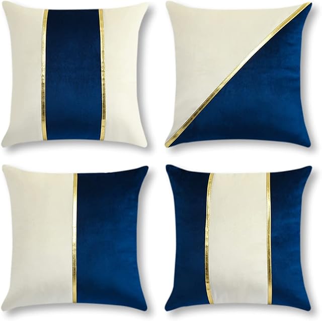 JOTOM Velvet Cushion Covers 45 x 45cm Soft Throw Pillow Cases Patchwork Gold Leather Striped Square Modern Luxury Decorative Pillow Covers for Couch Car Living Room Bedroom Sofa Decor Pack of 4 (Navy)