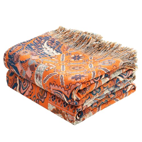Image of VANJOROY Boho Throw Blanket for Bed Couch 60 inch x 80 inch, 100% Organic Cotton Skin-Friendly Ultra Soft Quilt Throw - Floral Rustic Living Room Decor Luxury Reversible Blanket for Sofa Chair and Gift