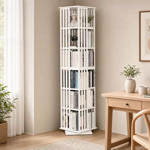 Image of Lauxery 6 Tier Bamboo Rotating Bookshelf Tower, Revolving Bookcase, White | 1200 lbs capacity, small footprint, 360 degree rotation, dual shelf heights, holds books and DVDs, for living room, bedroom