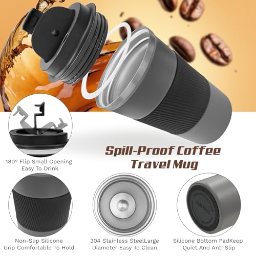 Image of Vacuum Insulated Stainless Steel Travel Coffee Mug,Leak Proof Cup with Lid | 304 stainless steel mug with vacuum insulation, leak proof lid, silicone grip and car cup holder friendly design