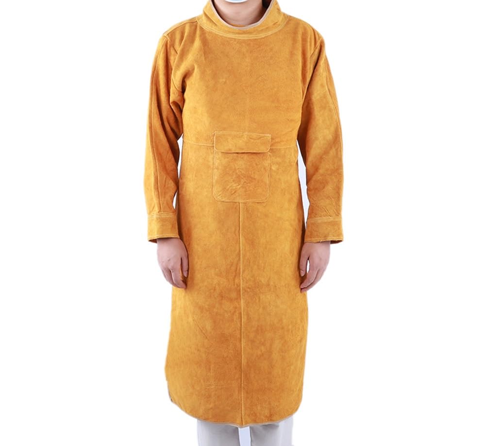 Delantal de soldadura de cuero con manga, Delantal de cuero de vaca para soldador para hombres y mujeres, Chaqueta de soldadura resistente, con mangas y cuello, Delantal de
