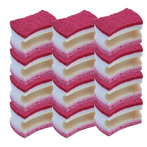 Image of Non-Scratch Scrub Sponge with A Comfortable Grip, Heavy Duty Duel Sided Kitchen Scrubber Sponge Cellulose Scrub Sponge, Scratch Free, with Scouring Pad Set, 12 Sponges,Red /Pink