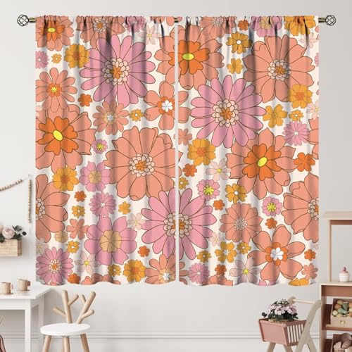 ZhiRain Vintage Flower Curtains Retro 70's and 60's Style Pink Orange Floral Curtain with Rod Pocket for Living Room Bedroom Kitchen Home Decor Drapes Window Treatments 2 Panels Set 52x84in