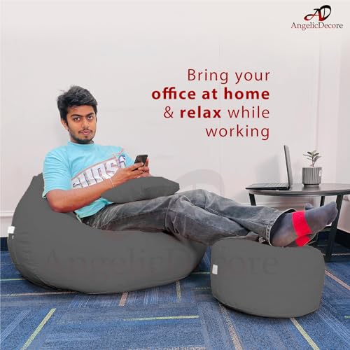 Image of Brand - XXXXL Faux Leather Bean Bag Sofa with Stool Ready to Use Filled with Beans (Grey) (Jumbo Size)