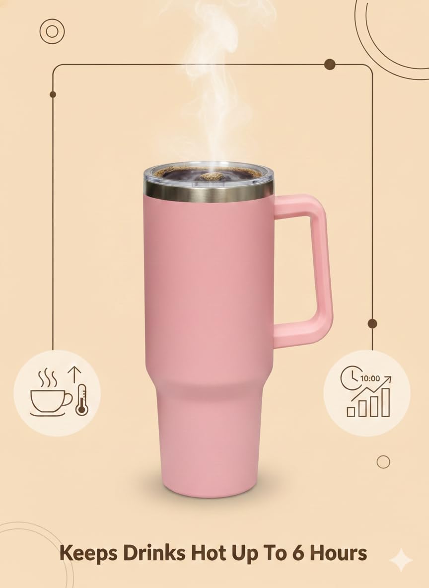 THIRSTEE 40 Oz Tumbler With Handle And Straw Insulated Stainless Steel Cup 100% Leakproof Mug For Hot And Cold Drinks Water Bottle Use For Travel, Office Coffee Mug, Gym - Pastel Pink - Image 4