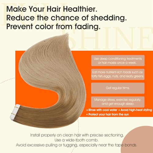 Image of Full Shine 16Inch Tape in Hair Extensions Seamless Straight Tape in Extensions Ombre Human Hair Extensions 50G 20Pcs Color 10 Golden Brown to 14 Dark Blonde Real Remy Human Hair Extension for Wedding