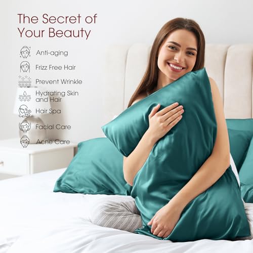 Image of 100% Silk Pillow Cases 2 Pack King Size Mulberry Silk Pillowcase for Hair and Skin Set of 2 Highest Grade 6A Silk Soft Breathable Silk Pillow Cases with Hidden Zipper, Teal