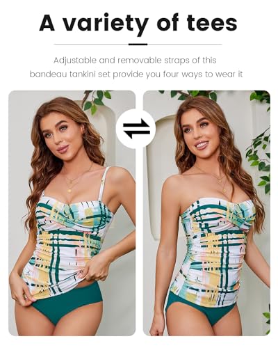 Image of Shuangyu Women's Twist Front Bandeau Tankini Set Two Pieces Ruched Tummy Control Suimsuit with Mid Waist Briefs