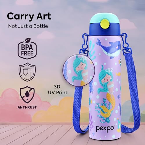 Image of Go24 pexpo Sporty ISI Certified Stainless Steel Water Bottle For School Kids - 700ml (Pack Of 2) | 6+ Years | Sipper Cap | Leakproof & BPA Free | Picnic, Travel, Sport - Purple Mermaid UV Print
