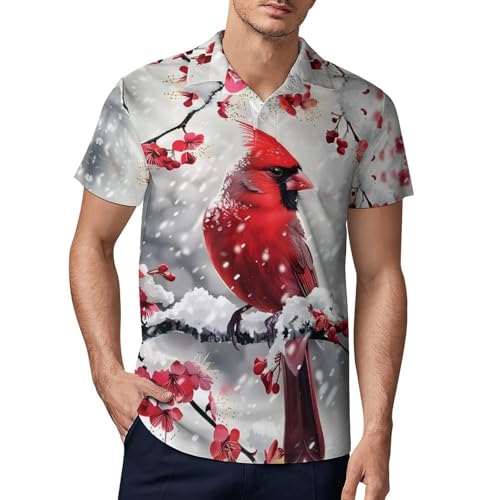 Red Bird Snowy Day Novelty Men's Short Sleeve Shirts Funny Golf Tennis Work T-Shirt Sport Tee 2XL