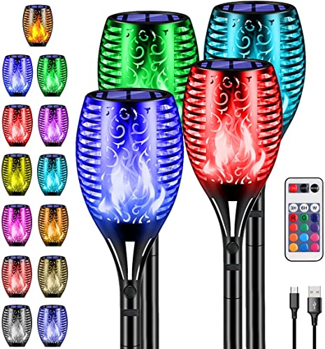B Bochamtec 4 Pack Solar Outdoor Lights Flickering Torch, With Usb Charging Port Remote, 13 Color Changing Rgb,Waterproof Lights Landscape Auto On/Off For Garden Patio Halloween Decorations #TOP26