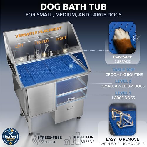 Image of KANIS Professional Dog Washing Station 304 Stainless Steel Pet Wash Sink & Grooming Bathtub w /Shower, Floor Grates and Storage for Large, Medium & Small Pets (Silver, 40 Inches, Left Ramp, 1 Drawer)