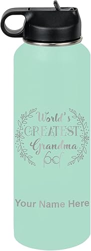 Miniatura 76 de LaserGram Botella de agua personalizada, World's Greatest Grandma, acero inoxidable de doble pared aislada al vacío con popote superior, regalo