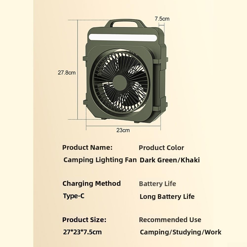 Ventilatore portatile ricaricabile con pannello solare, ventilatore da scrivania a 5 velocità con luce LED e ricarica per campeggio e viaggi, casa, ufficio e uso all'aperto (verde)