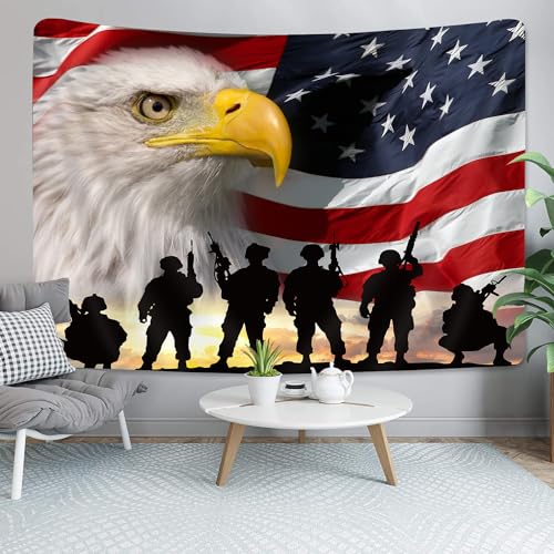 NYMB United States USA Flag Tapestry Wall Hanging, American Military Soldiers with Eagle at Sunset Tapestry Wall Art for Home Decorations Dorm Decor Living Room Bedroom Bedspread, (60X40in)