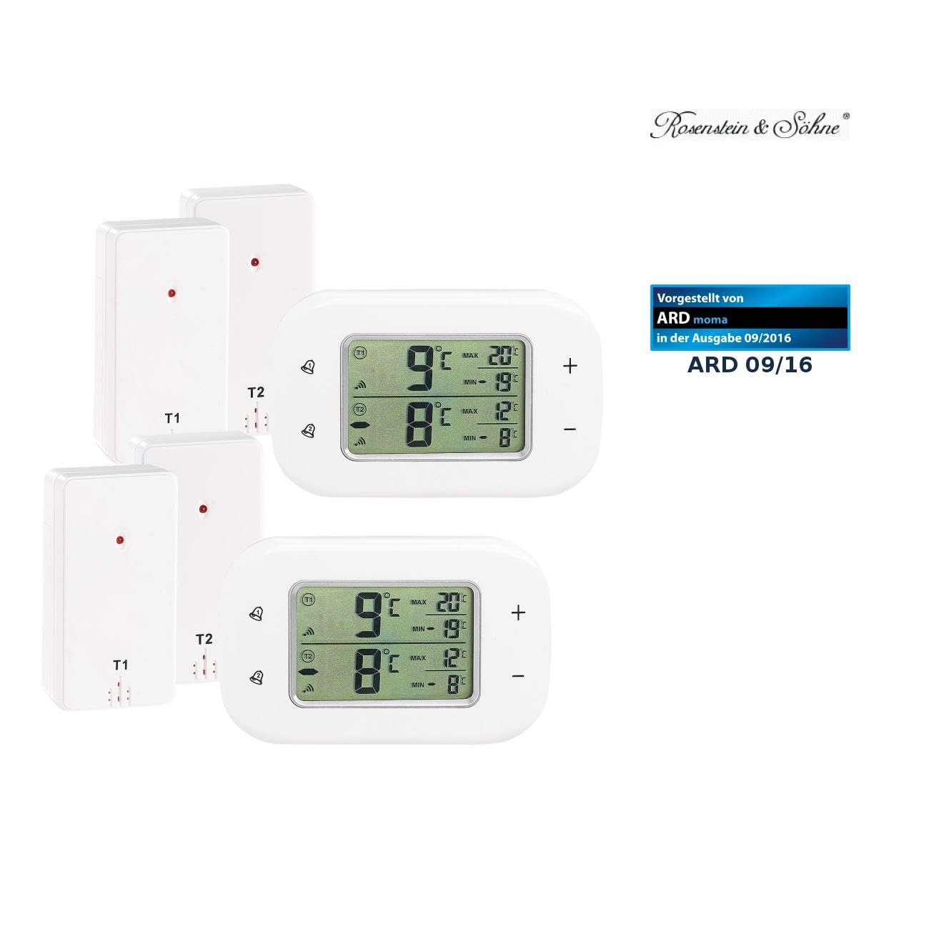 Rosenstein & Söhne Kühlbox-Thermometer: 2er-Set Digitale Kühl- & Gefrierschrank-Thermometer, 2 Funk-Sensoren (Kühlschrankthermometer mit Alarm, Funk Kühlschrankthermometer)