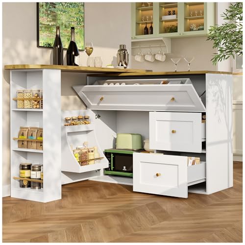 Wyibwy Muebles de cocina, mesa de bar extensible con espacio de almacenamiento, aparador con estante para aperitivos, isla de cocina, color blanco