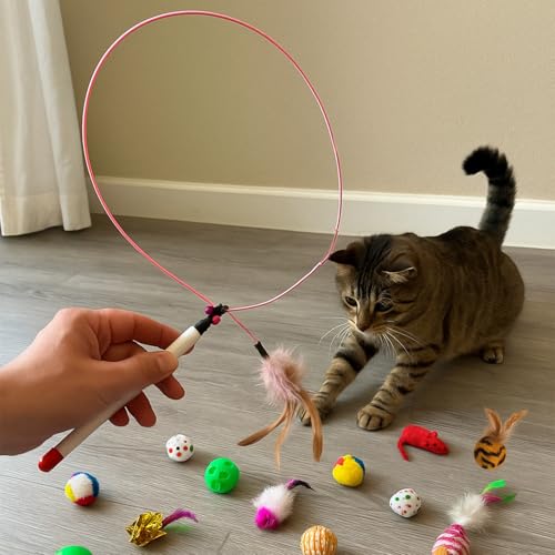 Image of 16 Pcs Cat Toy Set | Interactive Cat Play Kit with Bell Balls, Plush Mice, Teasing Wand, Knitted Balls & More | Indoor Kitten Toy for Active Play and Exercise