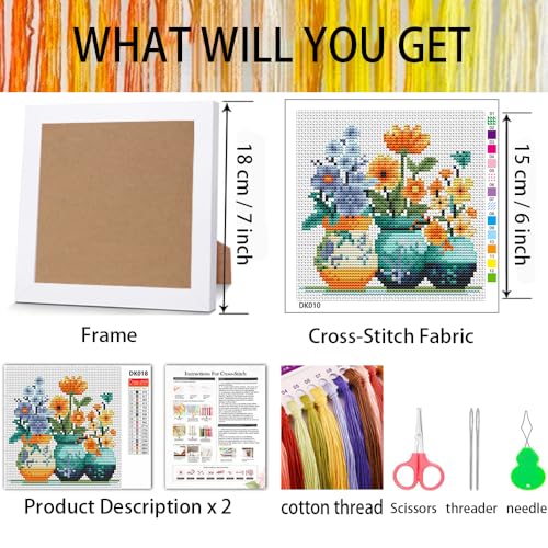 Image of Tiwabb Flower Cross Stitch Kits for Adults Beginners,Flowers Stamped Cross Stitch Kits with Framed,Embroidery Kit for Beginners,Partial Floral 11CT Cross-Stitch Arts and Crafts for Adults 7x7inch
