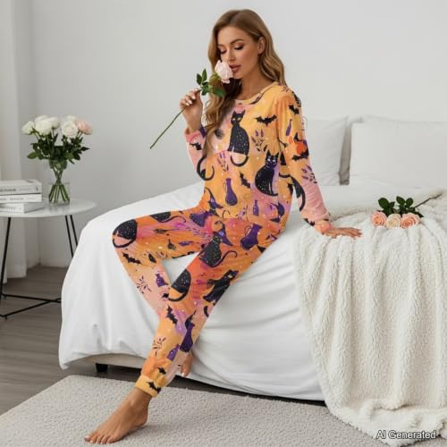 Image of Womens Lounge Set Long Sleeve Soft Pajama Sets | Casual 2 Piece Pj Outfit, Crewneck Sleepwear with Pockets, Adjustable Drawstring, Soft Comfy Fall Pajamas, Plus Size