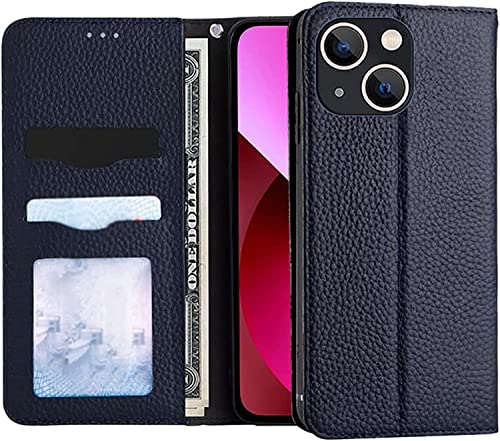 Étui en cuir véritable pour iPhone 13 bleu, la couture fait main haut de gamme