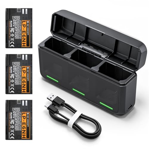 K&F Concept Kit de 3 Baterías LP E6NH y Cargador Rápido de 20W Compatible con Canon EOS R7, R5/R6 Mark II, 5D Mark II/III/IV, 6D/7D Mark II, 60D/70D/80D/90D y más
