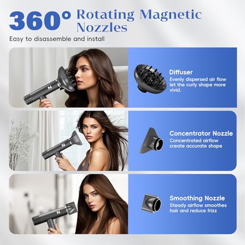 Image of Natrial Hair Dryer with Diffuser, 1600W High-Speed Blow Dryer for Women | Fast Drying for Curly Hair,Professional Ionic Portable Dryer, Low Noise, Lightweight, Lock Function,Travel Home Salon