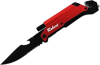 Gifts Infinity® Personalized Engraved Tactical Knives 6-in-1 Survival Pocket Knife with Magnesium Fire Starter, LED Flashlight Bottle Opener Seat Belt Cutter (Red)