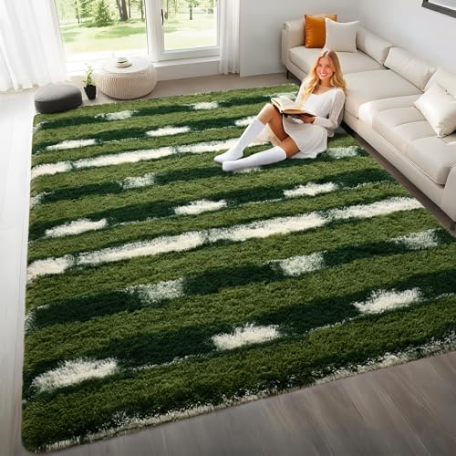 Image of Woottpe 5x7 Feet Area Rugs for Living Room Bedroom,Green and White Machine Washable Soft Fluffy Shaggy Indoor Rug, Floor Carpet for Girls Boys Kids, Dorms, Nursery Rooms, Home Decor Aesthetic