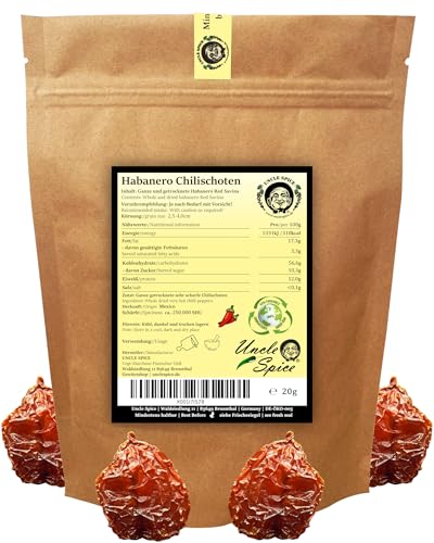 UNCLE SPICE® Habanero Chilischoten - 20g Habanero-Chili ganze echte RED SAVINA Chili-Schoten in PREMIUM-QUALITÄT - ganze getrocknete Habanero Schoten im Aromabeutel - Achtung SCHARF