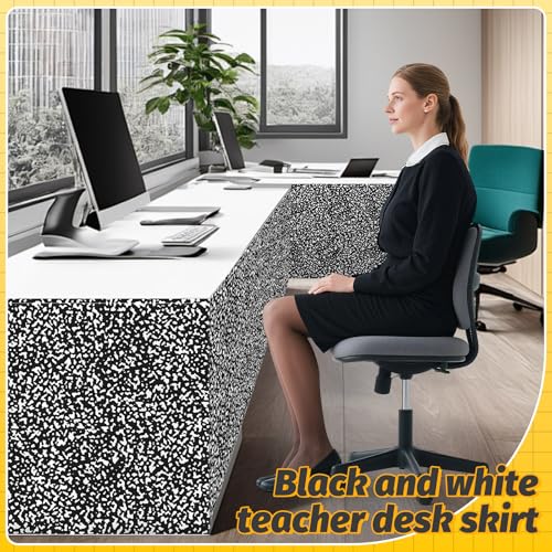 Image of 6FT Black and White Composition Table Skirt Teacher Desk Curtain Skirts for Classroom Decorations Rectangle Table Cover Skirt for Back to School Party Supplies Kindergarten Office Bookcase Cabinet