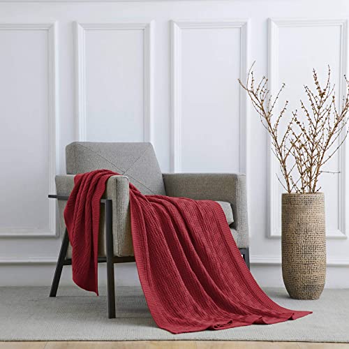 Large 100% Cotton Red Cable Knit Throw Blanket For Couch Sofa Bed With Bonus Laundering Bag - 60"X 80", Oversize, 3.4 Lb, Machine Washable, Comfortable Home Decor #TOP2
