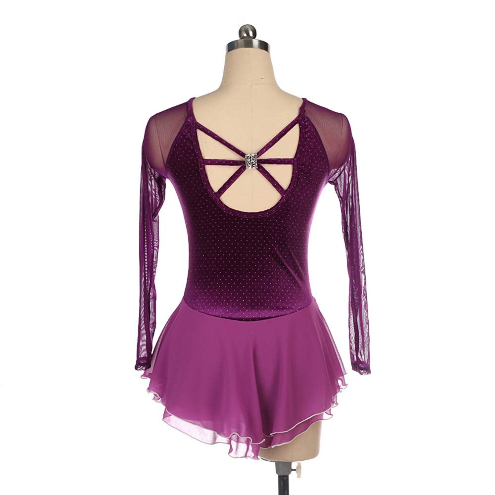 Vestido de Patinaje artístico para niñas, Color Morado, con Diamantes de imitación, Manga Larga, Disfraz de Baile