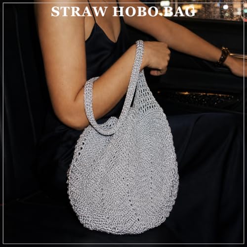 Image of Boho Crochet Shoulder Bag for Women, Colorful Beaded Beach Tote Handbag Lightweight Summer Knit Hobo Purse &Travel Organizer