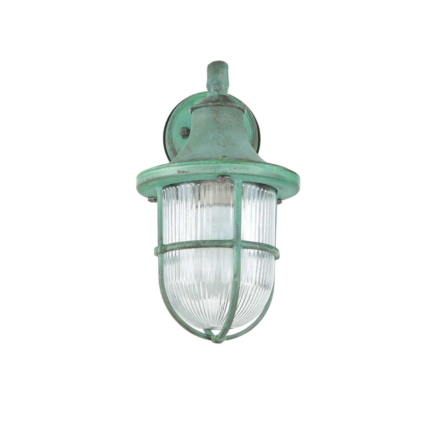 Licht-Erlebnisse Außenlampe Messing, Wandleuchte Außen E27, Maritim Lampe Antik Grün, Riffelglas, T:22 cm, IP64, Laterne, Terrasse, Balkon, Rustikal, Outdoor Wandleuchte