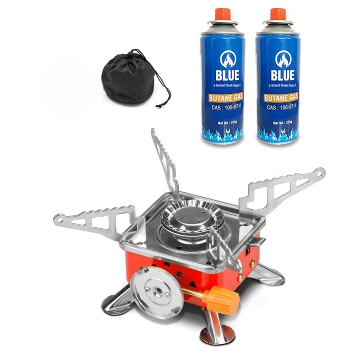 Image of camping stove with cylinder | camping gas stove | Camping Stove - 2800W Ultra-Light Picnic Cooking Gas Burner, Folding Emergency Stainless Steel (Stove+ 2 Butane)