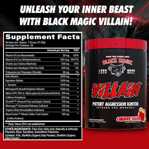 Image of Worldwide Nutrition Bundle Compatible with Black Magic Supply Cherry Smash Villain High-Stim Nootropic Pre Workout - Beta-Alanine, L-Tyrosine, & Caffeine - 25 Servings with Multi-Purpose Keychain