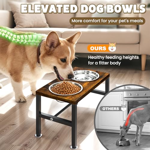 Elevated Dog Bowls, 3 Height Adjustable Raised Dog Water Food Bowl Wooden Metal Stand, 42OZ-Stainless Steel Bowls for Medium Small Dogs - Image 6